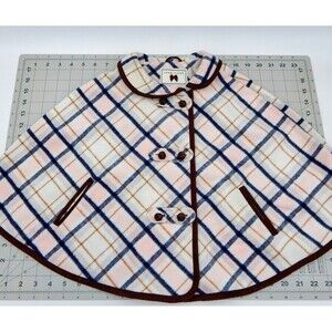 Janie and Jack Girls Plaid Tartan Brush Twill Cape Poncho Cream Blue Pink Sz 5-6